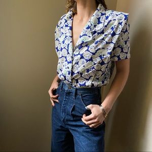 Vintage Blue Floral Blouse - Size M (EUC)